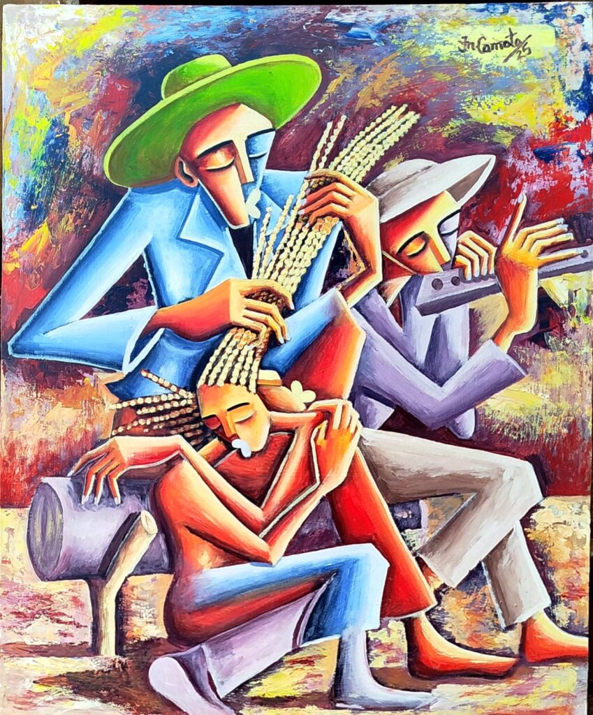 Nome do artista: JM.Camoto
Título da obra: Cantar para não chorar 
Técnica: Acrílico sobre tela 
Ano: 2025
Dimensões:94/78 cm